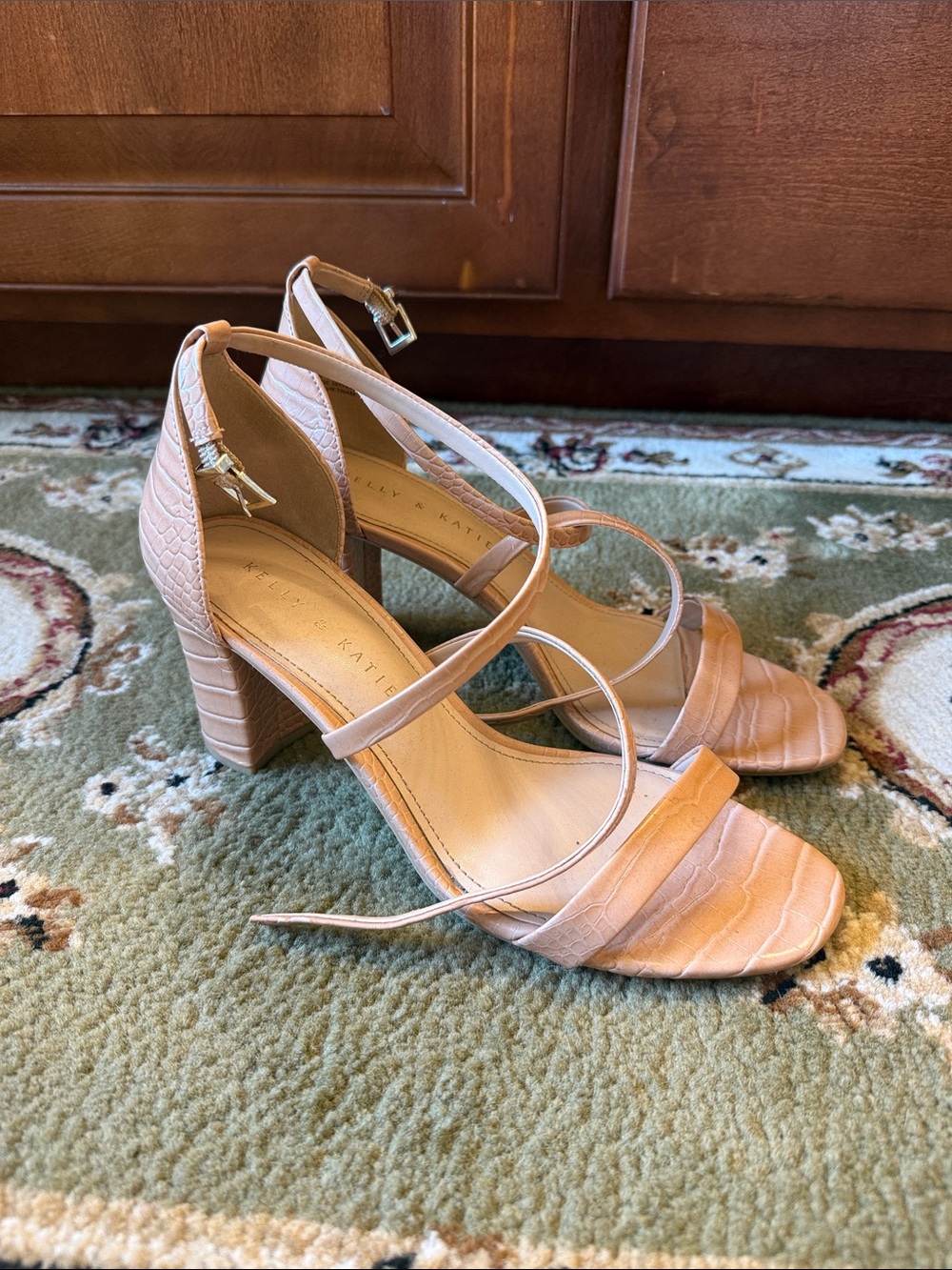 Kelly & Katie Croc-Embossed Strappy Block Heels in Light Pink